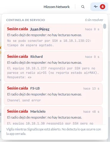 Panel del centinela de servicio con seis avisos sin resolver y el motivo técnico de cada sesión caída